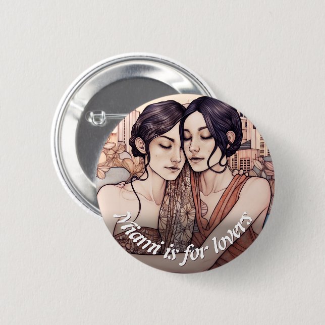Miami Downtown Women Cuddling Lesbians Drawing 6 Cm Round Badge (Front & Back)
