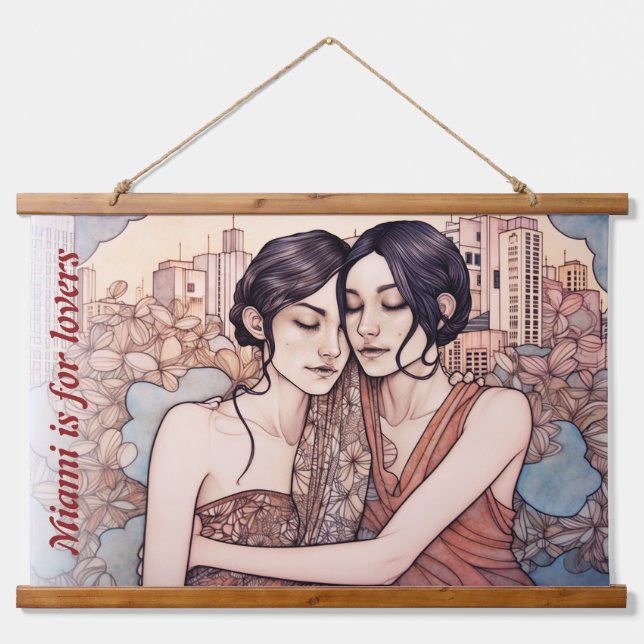 Miami Downtown Women Cuddling Lesbians Drawing Hanging Tapestry (Front)