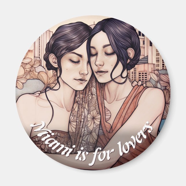 Miami Downtown Women Cuddling Lesbians Drawing Magnet (Front)