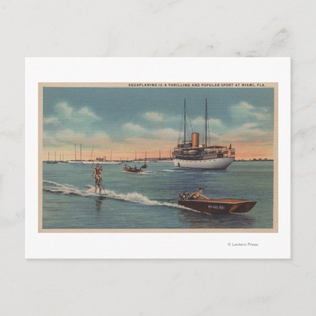 Miami, FL - Water Skiing Scene, Wooden Boat Postcard (Front)