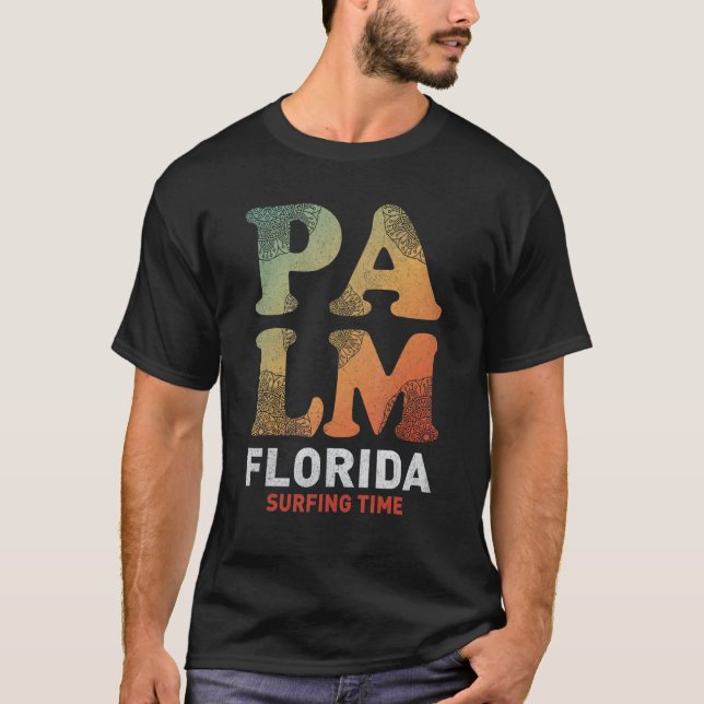 Miami Florida Beach Summer Surfing Time Palm And S T-Shirt (Front)