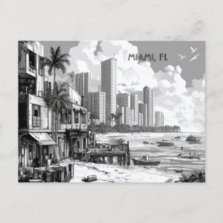 Miami Florida Black and White Travel Postcard