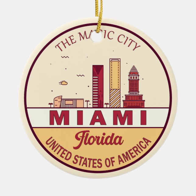 Miami Florida City Skyline Emblem Ceramic Tree Decoration (Front)