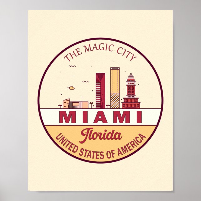 Miami Florida City Skyline Emblem Poster (Front)