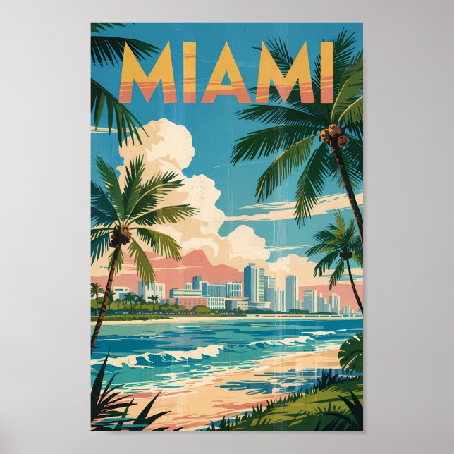 Miami Florida Illustration Travel Art Vintage Poster (Front)