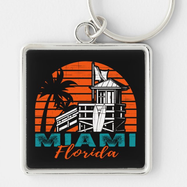 Miami Florida Life Guard Shack Sunset Key Ring (Front)