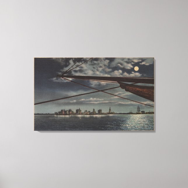 Miami, Florida - Moonlit View of City Over Water Canvas Print (Front)
