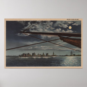 Miami, Florida - Moonlit View of City Over Water Poster