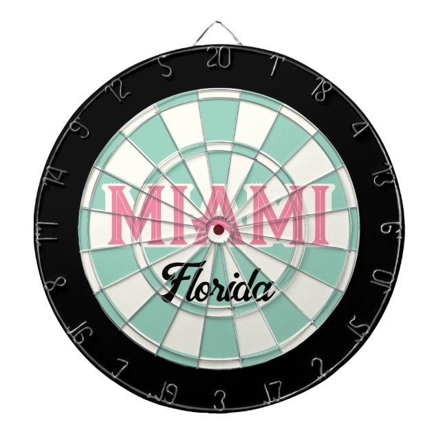 MIAMI Florida Pink text Light Teal White Black Dartboard (Front)