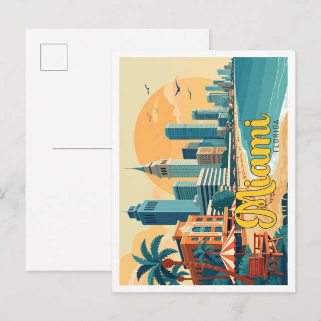 Miami Florida Pop Art Travel Illustration Postcard (Front/Back)