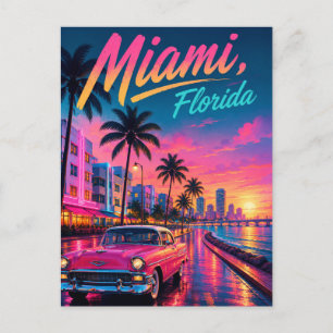 Miami Florida Retro Neon Sunset Travel Holiday Postcard