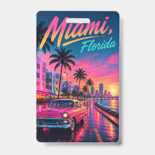 Miami Florida Retro Neon Sunset Travel ID Badge