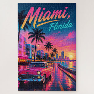 Miami Florida Retro Neon Sunset Travel Jigsaw Puzzle