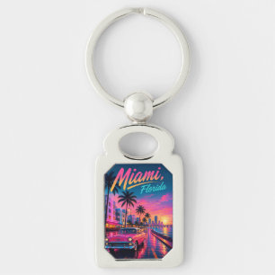 Miami Florida Retro Neon Sunset Travel Key Ring