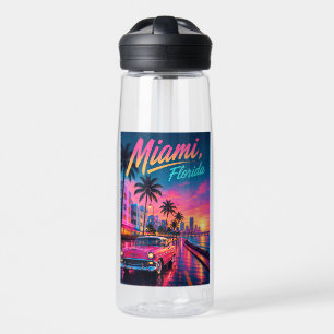 Miami Florida Retro Neon Sunset Travel Water Bottle