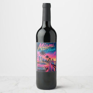 Miami Florida Retro Neon Sunset Travel Wine Label