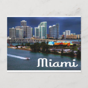 Miami Florida Skyline and Harbour At Night- USA Postcard