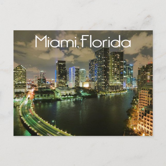 Miami Florida Skyline and Harbour At Night- USA Postcard (Front)
