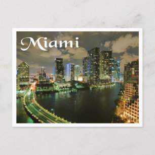 Miami Florida Skyline and Harbour At Night- USA Postcard