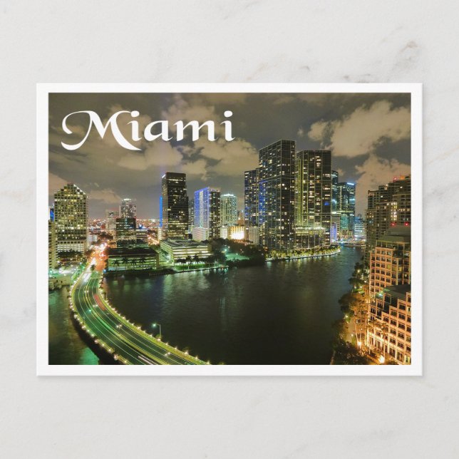 Miami Florida Skyline and Harbour At Night- USA Postcard (Front)