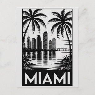 Miami Florida Skyline Black White Woodcut Postcard