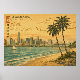 Miami Florida Skyline in Japanese Ukiyo-e Poster