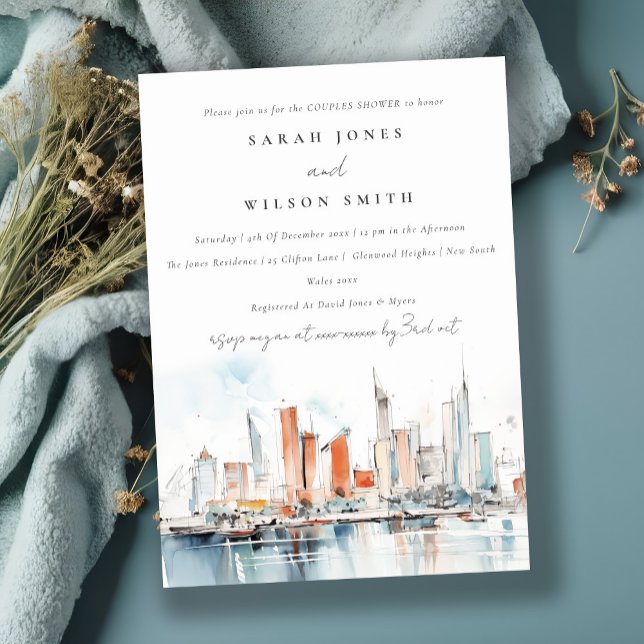 Miami Florida Skyline Watercolor Couples Shower Invitation (Creator Uploaded)