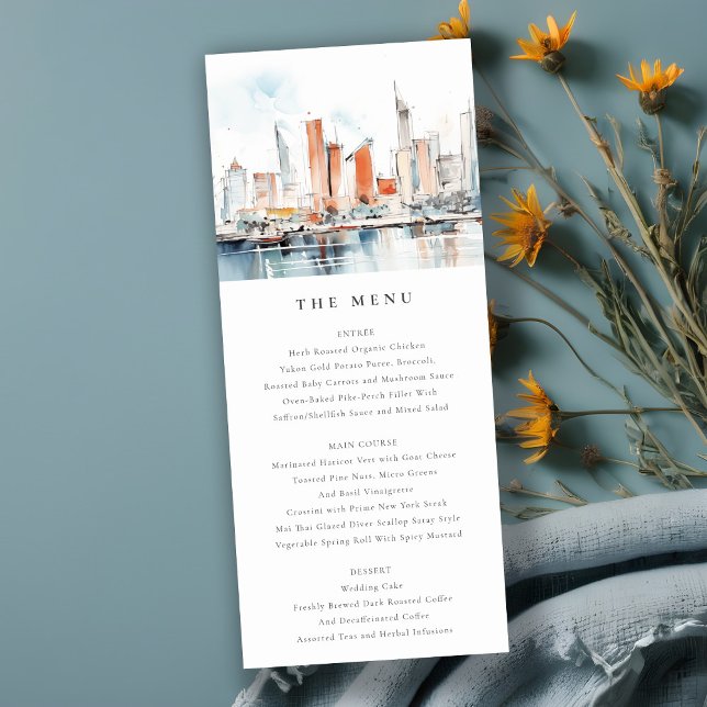 Miami Florida Skyline Watercolor Wedding Menu Card (Creator Uploaded)