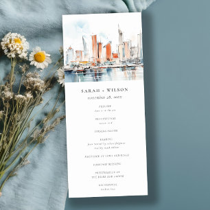 Miami Florida Skyline Watercolor Wedding Program Invitation