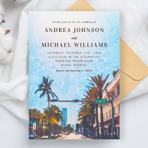 Miami Florida Watercolor City Destination Wedding  Invitation