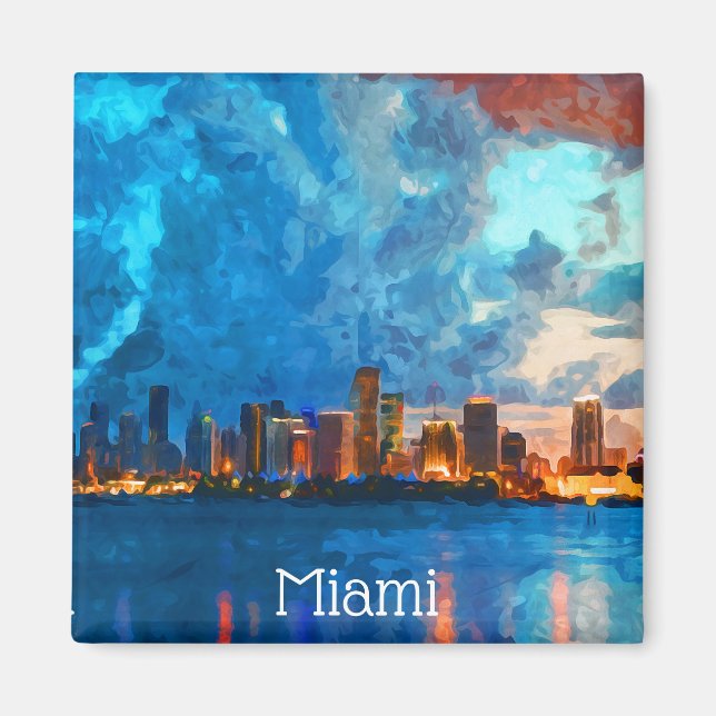 Miami Florida Watercolor Cityscape View Magnet (Front)
