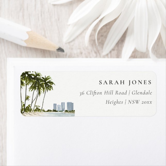 Miami Florida Watercolor Palm Landscape Address (Insitu)