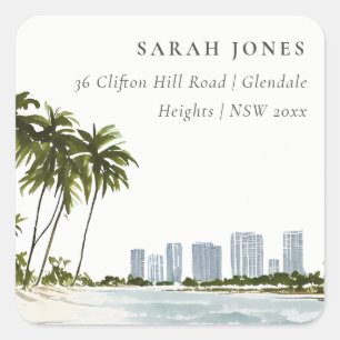 Miami Florida Watercolor Palm Landscape Address Square Sticker