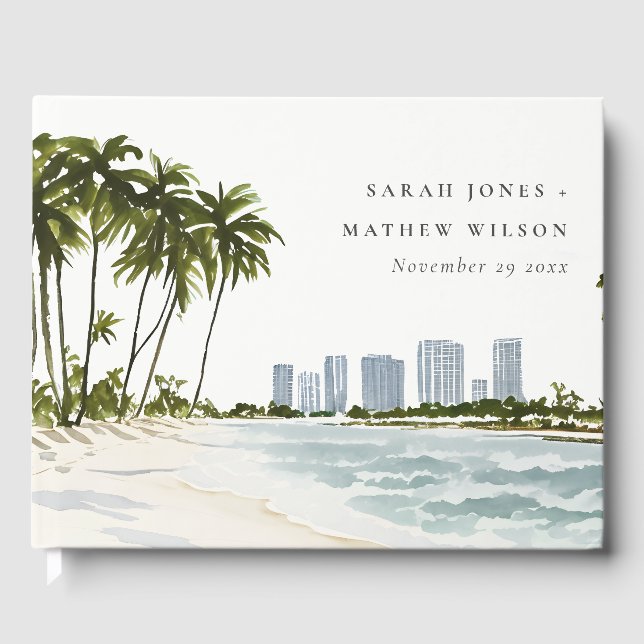 Miami Florida Watercolor Palm Landscape Wedding Guest Book (Front)