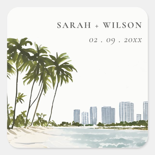 Miami Florida Watercolor Palm Landscape Wedding Square Sticker (Front)