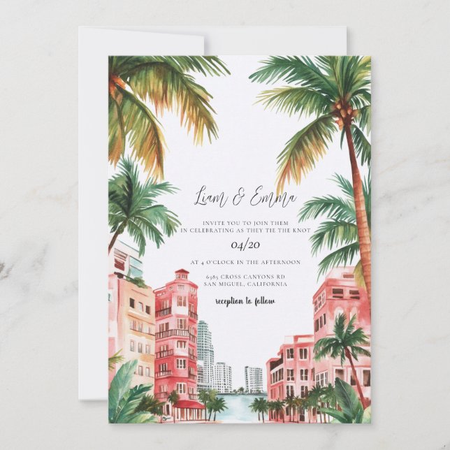Miami Florida Watercolor Wedding Invitation (Front)