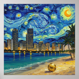Miami Golden Shore Soccer Elegant and Oil Fine Art Poster