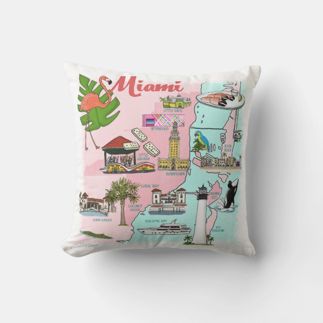 Miami Illustrated Map Throw Pillow (Front)
