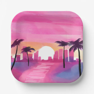 Miami in Pink   Bright Watercolor Painting Paper Plate