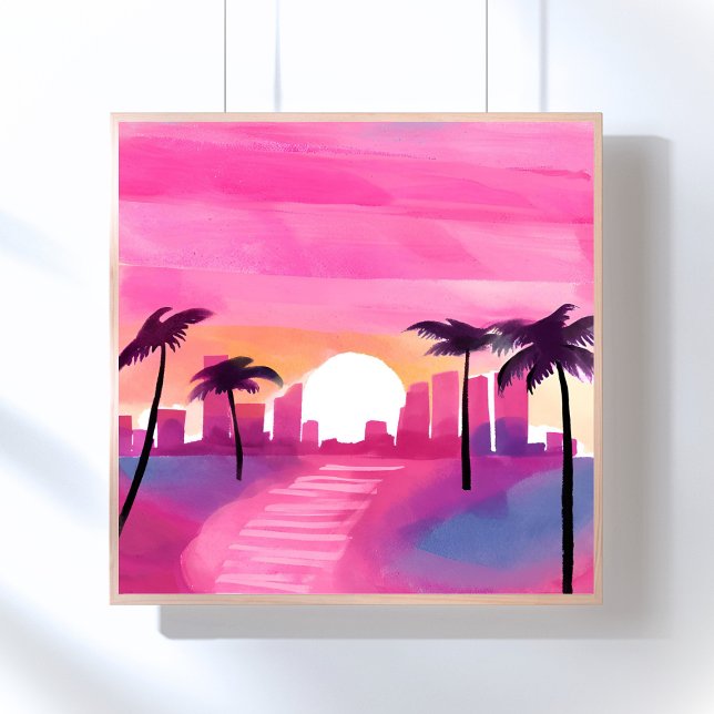 Miami in Pink | Bright Watercolor Painting Poster (Creator Uploaded)