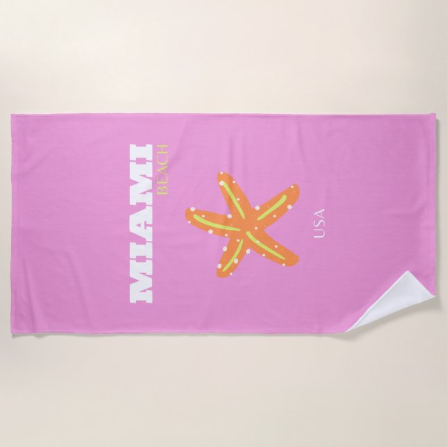 Miami, Miami Beach, Florida, Preppy, Pink, Orange Beach Towel (Front)