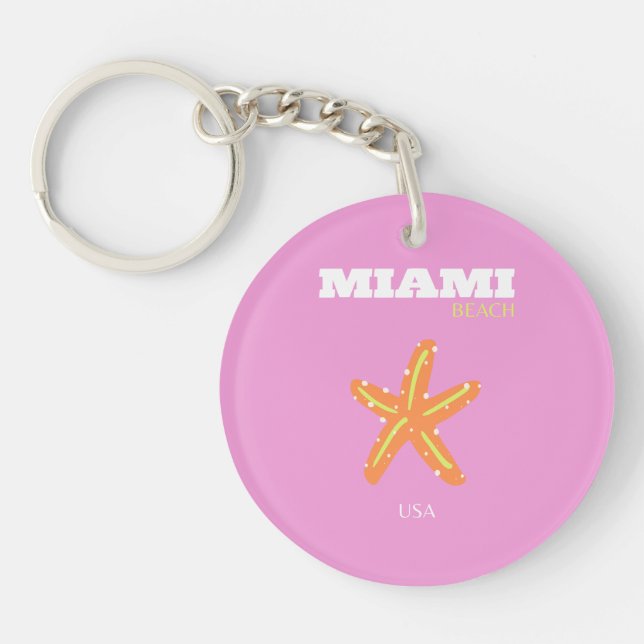Miami, Miami Beach, Florida, Preppy, Pink, Orange Key Ring (Front)