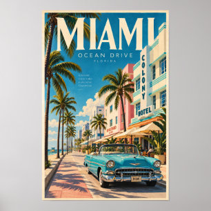 Miami Ocean Drive Art Deco Classic Car Travel Post Poster