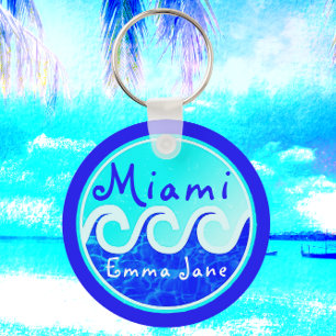 Miami Ocean Waves Blue Sky Your Name Key Ring