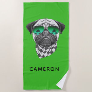 Miami Pug Add Your Name Beach Towel