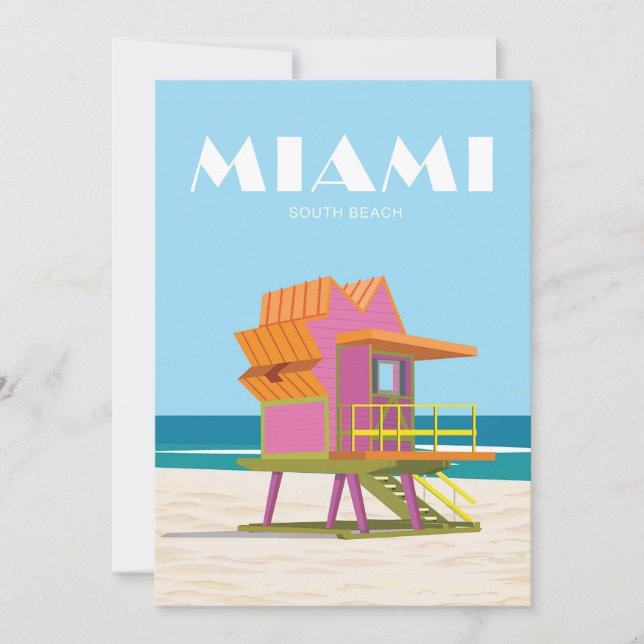 Miami, retro, vintage, lifeguard, beach, coastal holiday card (Front)