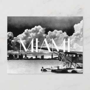 Miami skyline aeroplane black and white photo postcard