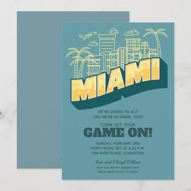 Miami Skyline Game On Football Party Invitations (Front/Back)