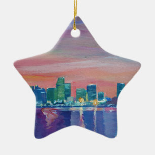 Miami Skyline Silhouette At Sunset In Florida Ceramic Tree Decoration