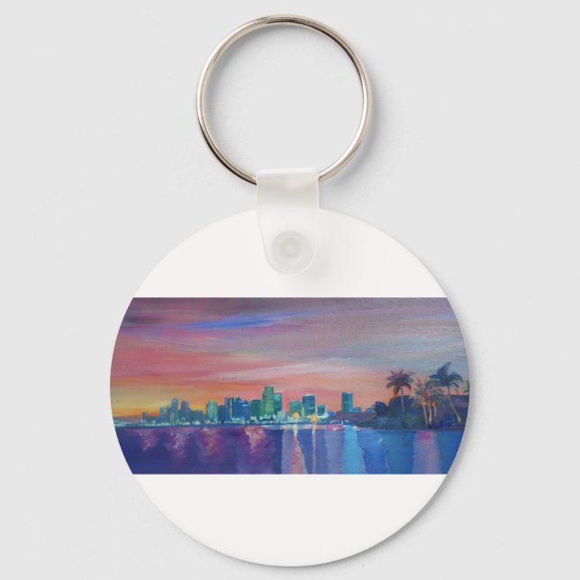 Miami Skyline Silhouette At Sunset In Florida Key Ring (Front)